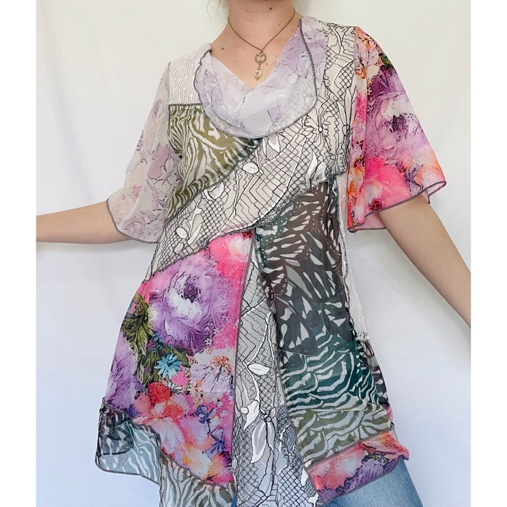 Paris Hues | Flowy Patchwork Y2k Whimsical Blouse Cowl-Neck Tunic